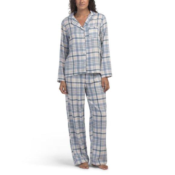 TELLURIDE CLOTHING COMPANY Blue Multi 2pc Cotton Flannel Plaid Pajama Set - Picture 1 of 2